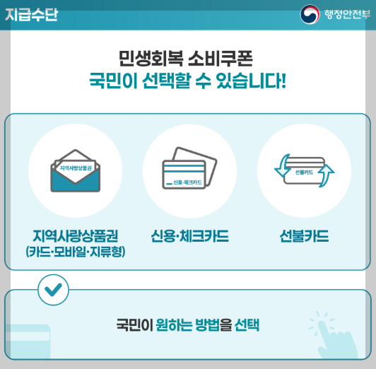 민생회복 소비쿠폰 지역사랑상품권, 신용 및 체크카드, 선불카드