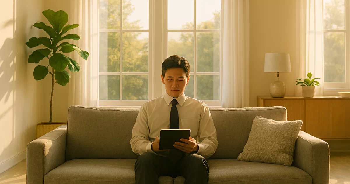 [ISA 비과세 한도] 거실에서 여유롭게 자산 수익률을 확인하는 직장인