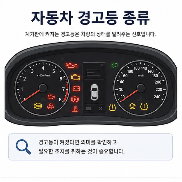 자동차 계기판에 표시되는 여러 종류의 경고등을 통해 자동차 경고등 종류를 안내한 이미지