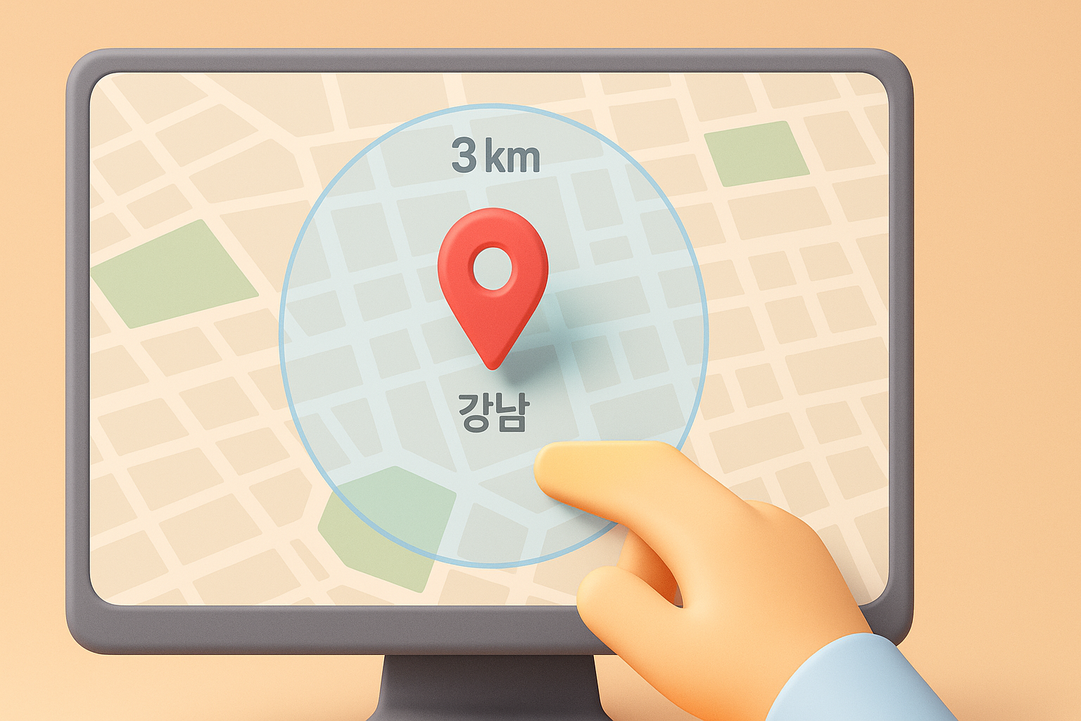 지도 위에 식당 위치를 중심으로 광고 노출 반경이 설정되어 있는 모습