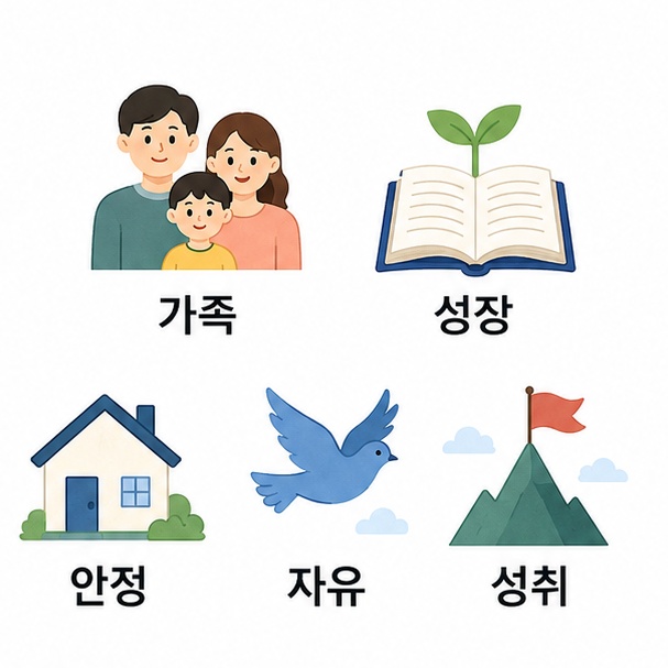 가족과 성장, 안정, 자유, 성취 등 대표적인 가치관 예시를 정리한 이미지