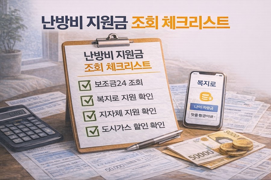 정부 난방비 지원금 신청 전에 보조금24와 복지로 서비스, 지자체 지원 정책, 도시가스 요금 차감 여부를 확인하는 체크리스트 안내 이미지입니다.