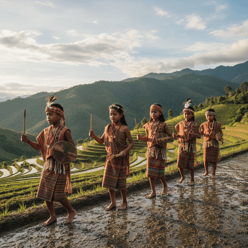바나우에 지역에서 전통 복장을 한 이푸가오족 어린이들이 축제에서 전통 춤을 추는 모습. 필리핀여행의 문화 체험이다.