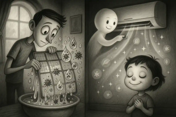 팀 버튼 스타일 에어컨 필터를 세척하는 모습과 상쾌함을 느끼는 아이의 감성 흑백 일러스트