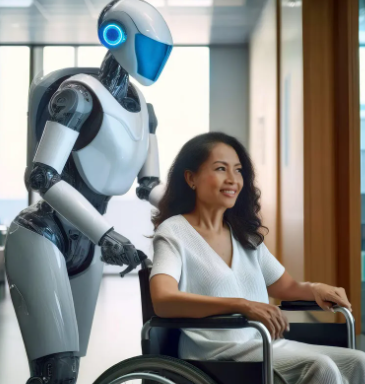 로봇이 환자의 휠체어를 밀어주는 사진