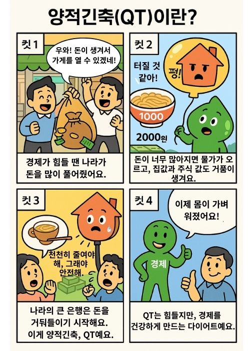 중앙은행이 돈을 많이 푸는 장면, 돈이 많아져 물가와 집값이 폭등하는 모습, QT로 돈을 거둬들이는 장면, 마지막은 경제가 다이어트에 성공해 건강해지는 모습의 4컷 만화.