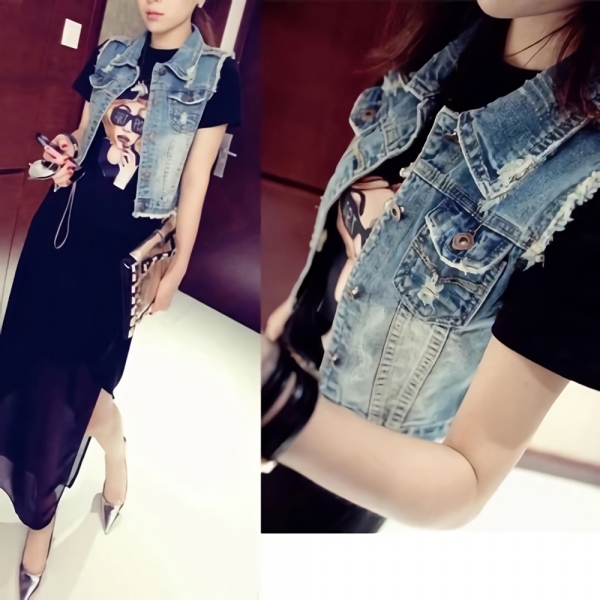 여성 청조끼 데님 조끼 캐주얼