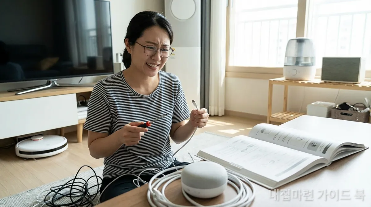 새로운 스마트홈 기기 설치에 도전하며 약간은 복잡해 보이지만 의욕적인 한국 여성