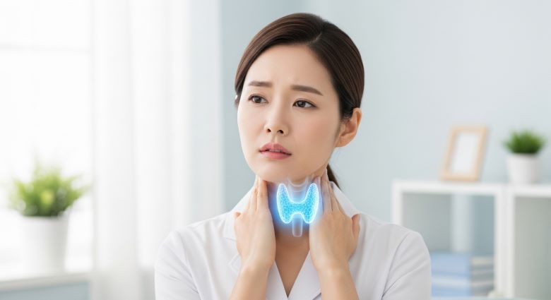 목 부분의 갑상선을 파란색으로 강조하며 손으로 가리키는 여성, 갑상선 건강과 의료 검진을 나타내는 이미지