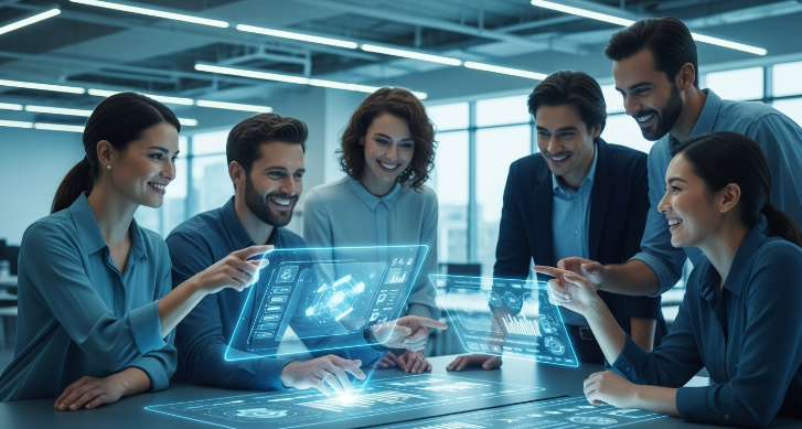스마트 오피스에서 다양한 직장인들이 AI 툴을 활용하여 효율적으로 협업하는 모습, 미래 지향적인 디지털 인터페이스가 강조됨.