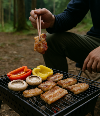 산속 캠핑중 고기 구워먹는 모습