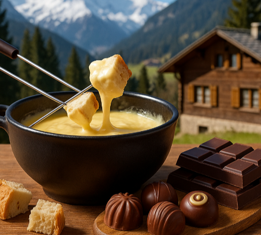 스위스 전통 음식 퐁듀 와 초콜릿 사진 관련