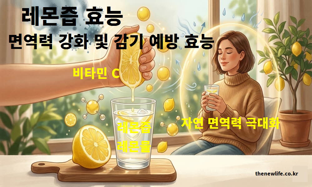 레몬즙 효능이 면역력 강화와 감기 예방을 돕는 원리를 설명하는 이미지