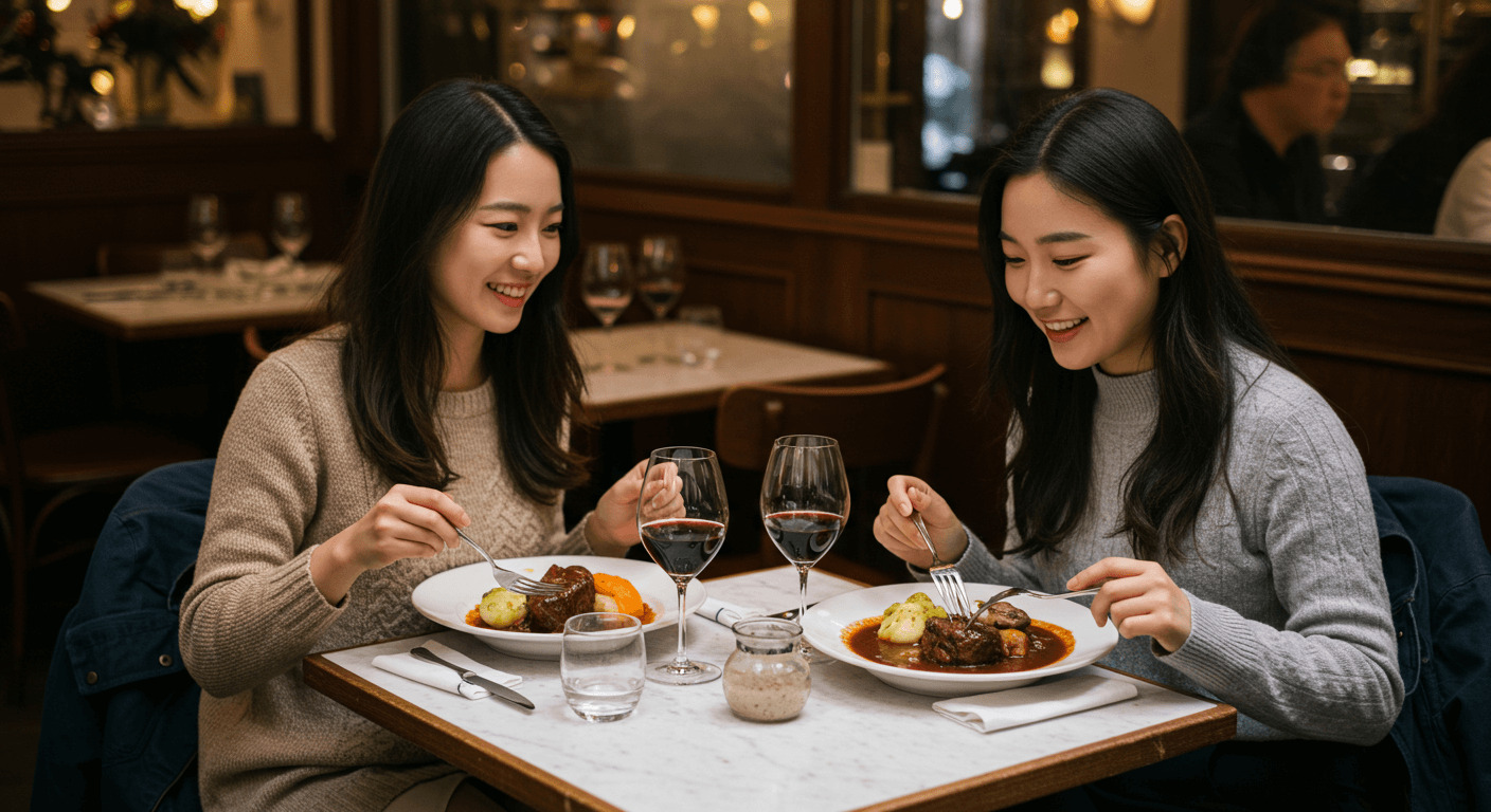 파리 Le Comptoir du Relais 식당에서 뵈프 부르기뇽을 먹는 모습