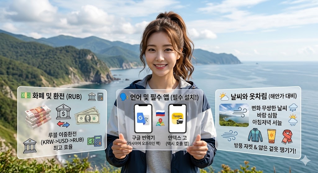 사할린 여행 실전 꿀팁 인포그래픽. 어깨 길이의 검은색 웨이브 머리를 한 예쁜 22살 한국 여성 여행자(뒤태)가 투명 디지털 패널을 통해 💵 화폐 및 환전 (RUB) '루블 이중환전 (KRW->USD->RUB) 최고 효율', 🗣️ 언어 및 필수 앱 '구글 번역기 (러시아어 오프라인 팩)' &amp; '얀덱스 고 (Yandex Go) (택시 호출 앱)', 🌤️ 날씨와 옷차림 (해안가 대비) '방풍 자켓 &amp; 얇은 겉옷 챙기기!' 등 사할린 여행의 필수 정보를 안내하는 모습. 배경은 아름다운 사할린 해안가 풍경이다. 고화질 이미지.