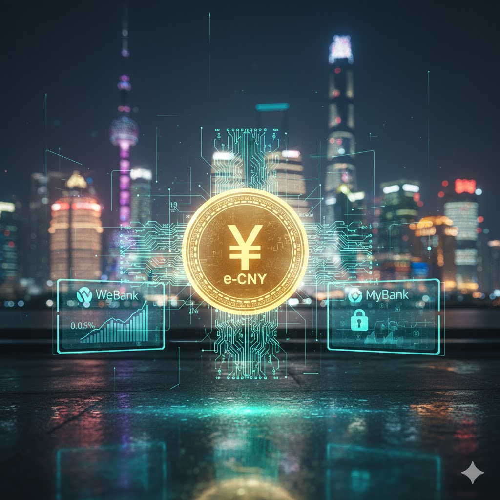 중국 상하이의 화려한 야경을 배경으로 공중에 떠 있는 미래형 홀로그램 인터페이스 이미지에요. 중앙에는 황금빛으로 빛나는 디지털 위안화 심볼과 e-CNY 텍스트가 정교하게 각인된 원형 메달이 배치되어 있어요. 왼쪽 홀로그램 패널에는 위뱅크 로고와 함께 연간 수익률 0.05%를 나타내는 상승 그래프가 표시되어 있고, 오른쪽 패널에는 마이뱅크 로고와 신원 확인 강화를 상징하는 자물쇠 아이콘이 디지털 데이터 흐름과 함께 묘사되어 있어요. 전체적으로 세련된 청록색과 황금색 조명이 어우러져 중앙은행 디지털 화폐의 권위와 첨단 금융 기술의 결합을 사실적으로 보여줘요.
