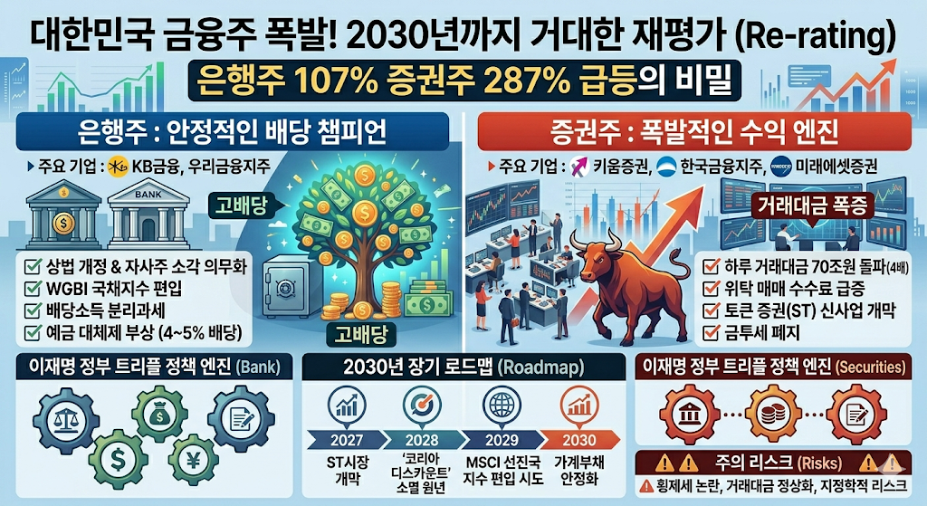 2030년까지의 대한민국 금융주 재평가 전망과 은행주 및 증권주의 성장 엔진, 주요 정책 수혜 분석을 담은 인포그래픽