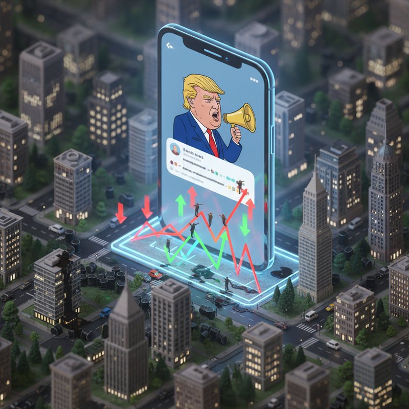 트럼프 SNS 메시지로 혼란에 빠진 글로벌 금융 시장, 미니어처 디오라마 스타일, 틸트시프트 효과