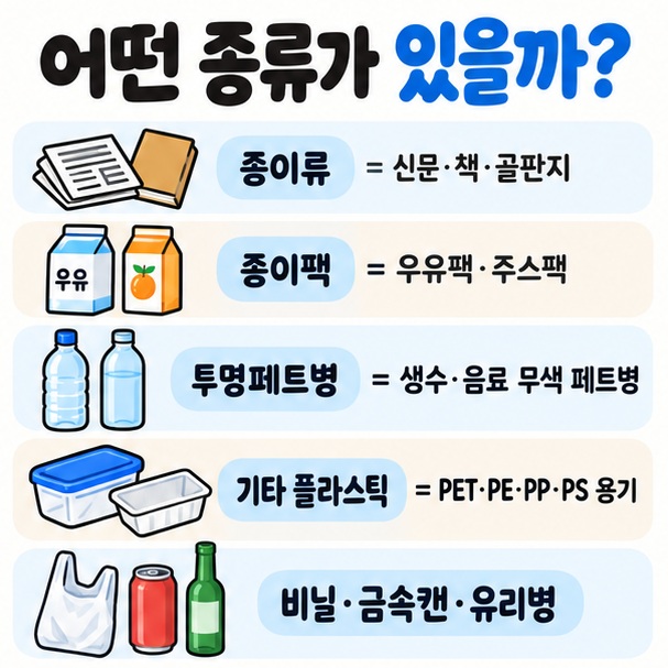 종이류 종이팩 투명페트병 기타 플라스틱 비닐 금속캔 유리병의 대표 품목과 배출방법을 비교한 이미지