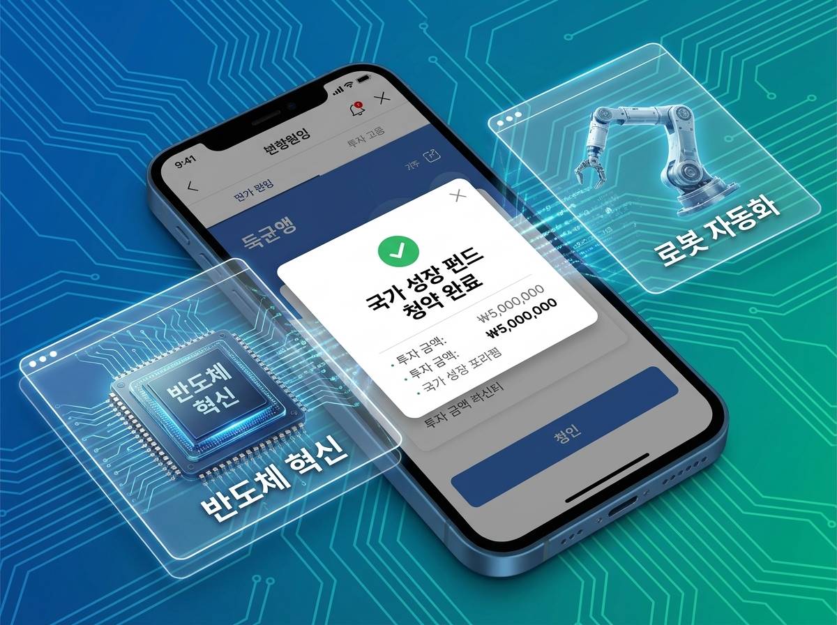 스마트폰 뱅킹 앱 화면에 '국민성장펀드 가입 완료' 메시지가 뜨고 주변에 반도체 칩과 로봇 팔 이미지가 오버레이된 기술적인 그래픽