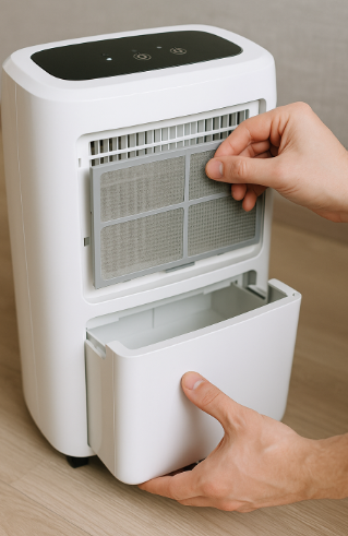 제습기 사용 전 필터와 물통 상태 점검 중인 손