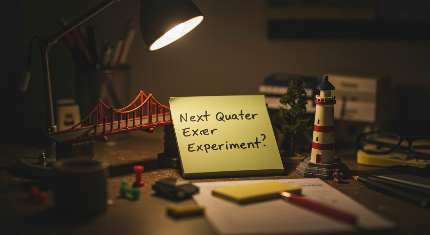 야간 책상 위 미니어처 다리와 작은 등대 소품이 놓여 있고 메모 카드에 다음 분기 실험이 적힌 틸트쉬프트 마무리 장면