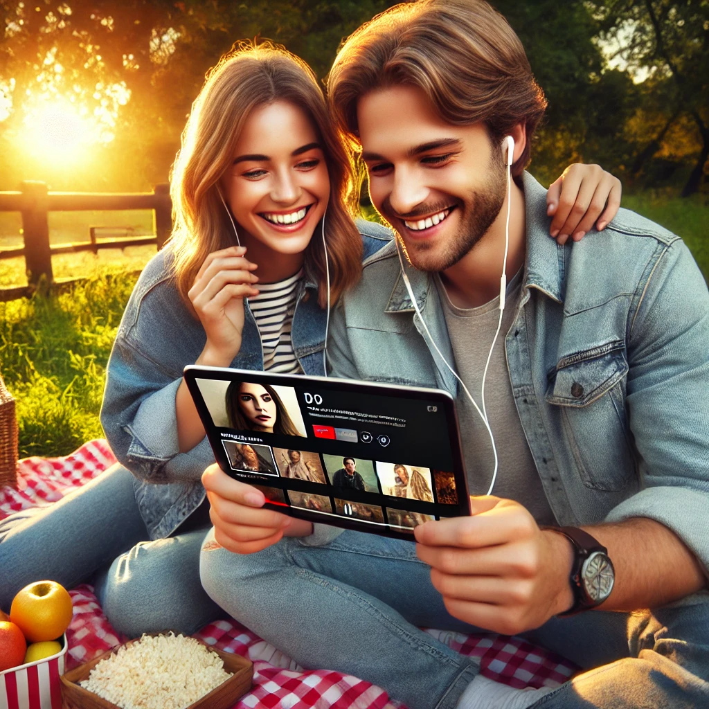 야외 공원에서 태블릿으로 OTT 콘텐츠를 시청하는 커플.