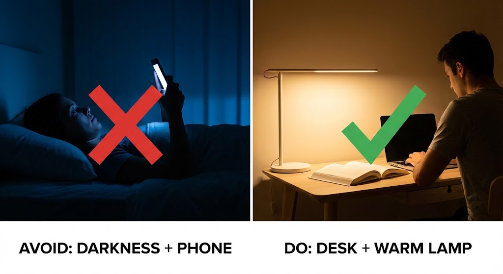어두운 방(X)과 밝은 스탠드 아래(O)에서의 올바른 스마트폰 사용 자세를 비교한 전문가 가이드 인포그래픽
