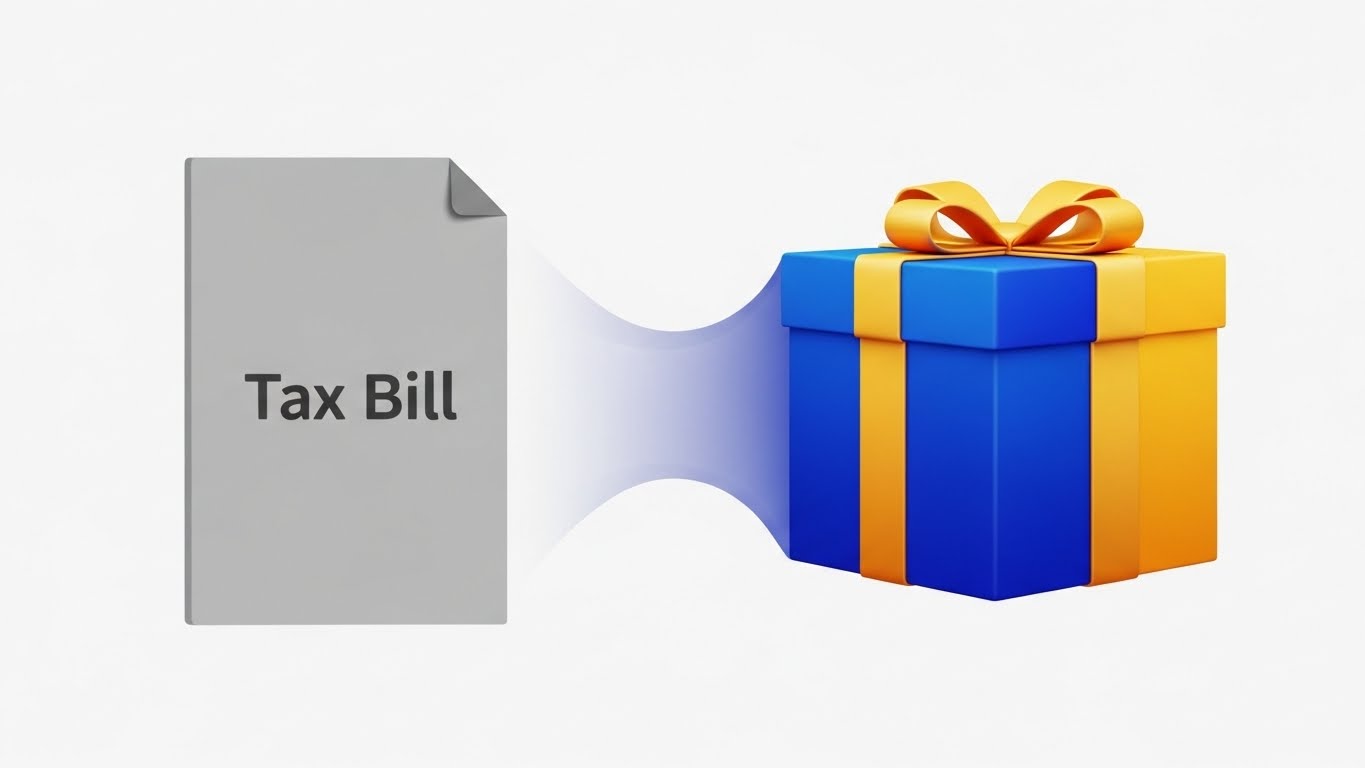 부담스러운 세금이 국가의 혜택을 통해 선물 같은 환급금으로 돌아오는 과정을 상징하는 그래픽