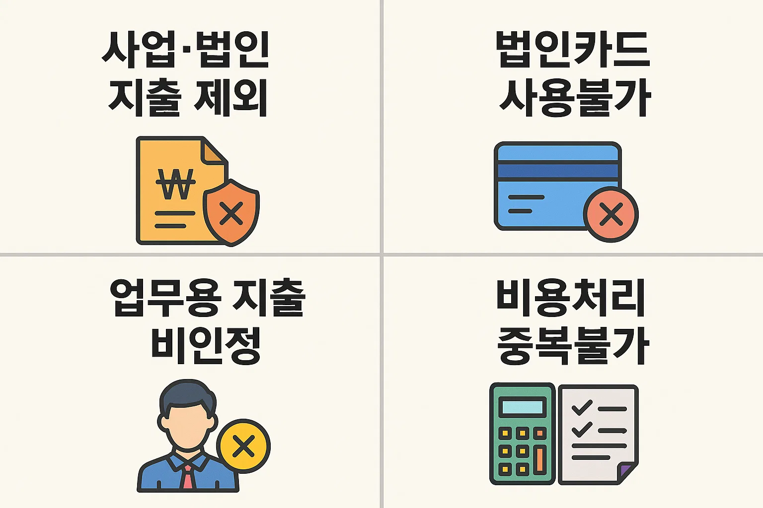 신용카드 소득공제에서 사업자지출&middot;법인카드 사용불가 등 비인정 항목을 정리한 이미지로, 개인과 법인의 공제 차이를 명확히 보여줌.