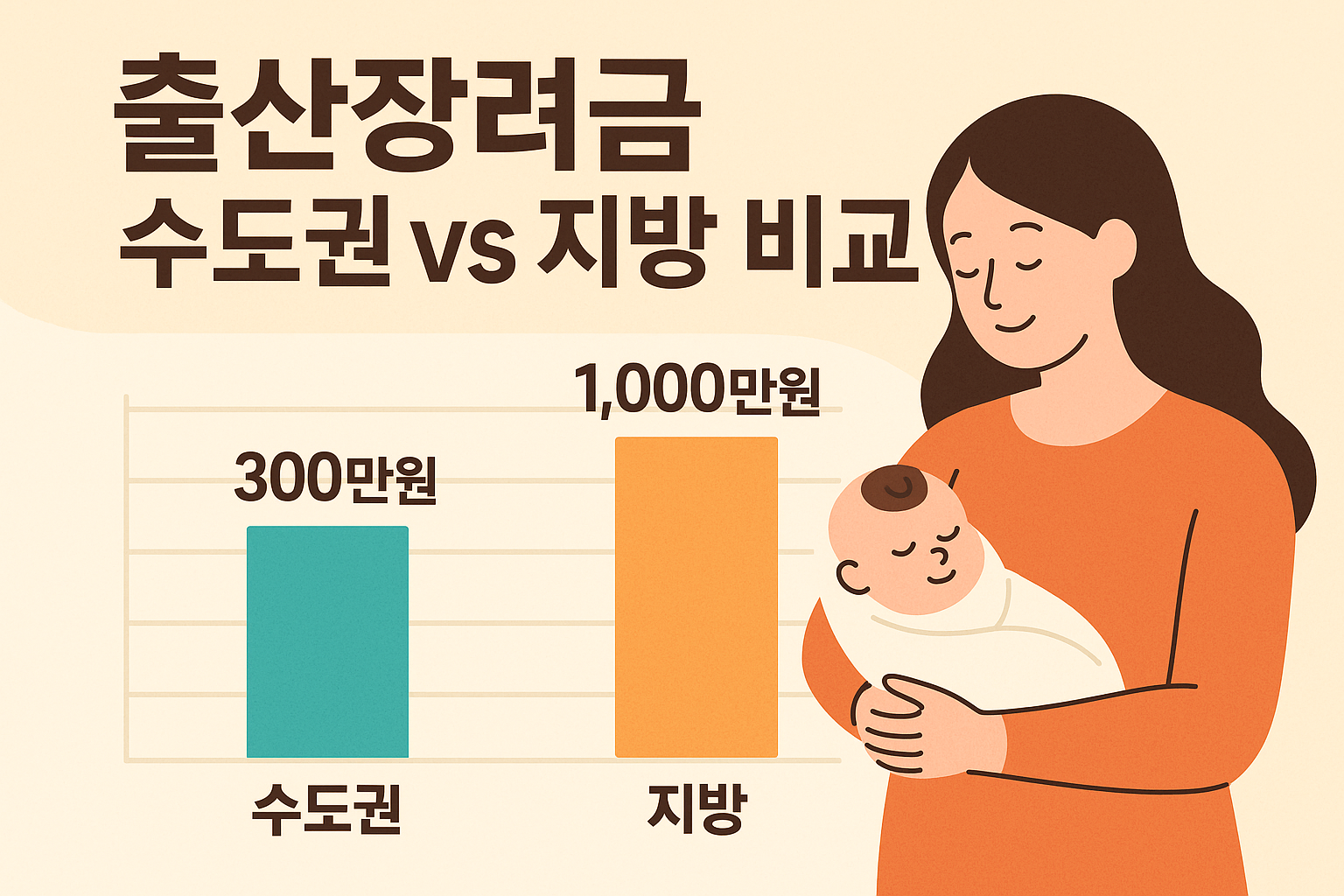 출산장려금 수도권 300만원 vs 지방 1&amp;#44;000만원 지원금 차이를 보여주는 비교 그래프와 엄마 일러스트