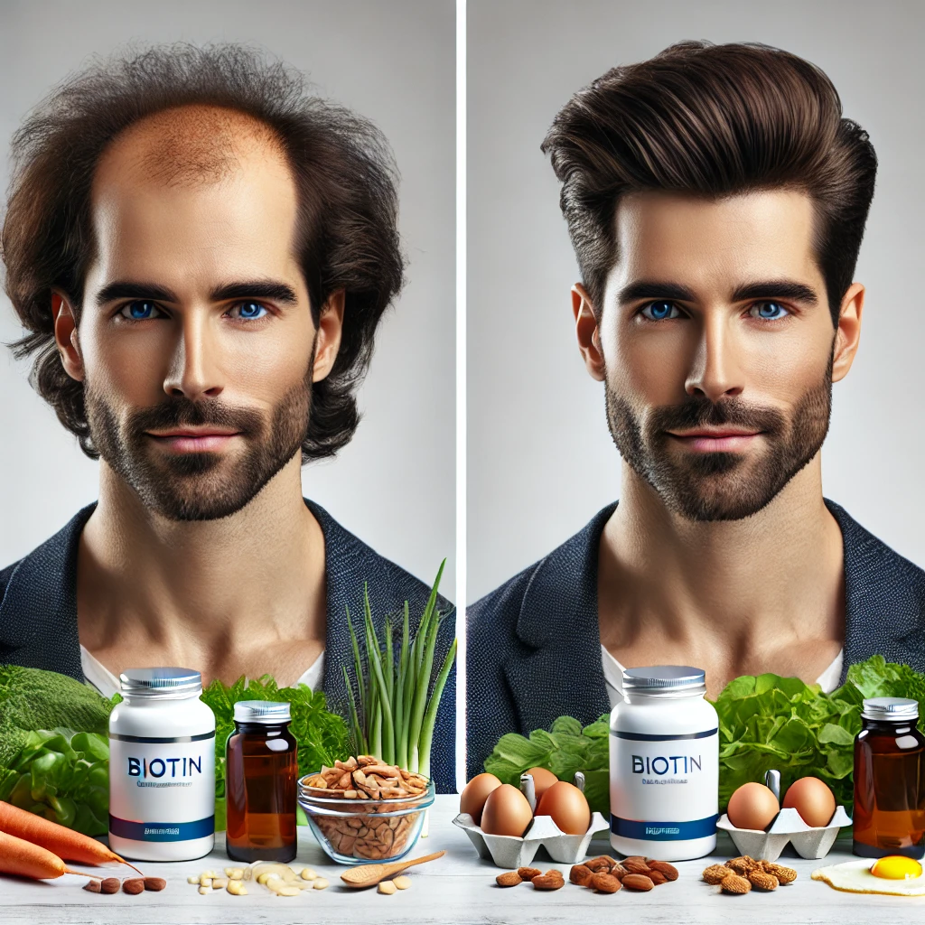 탈모와 풍성한 머리를 가진 남자와 영양제 이미지