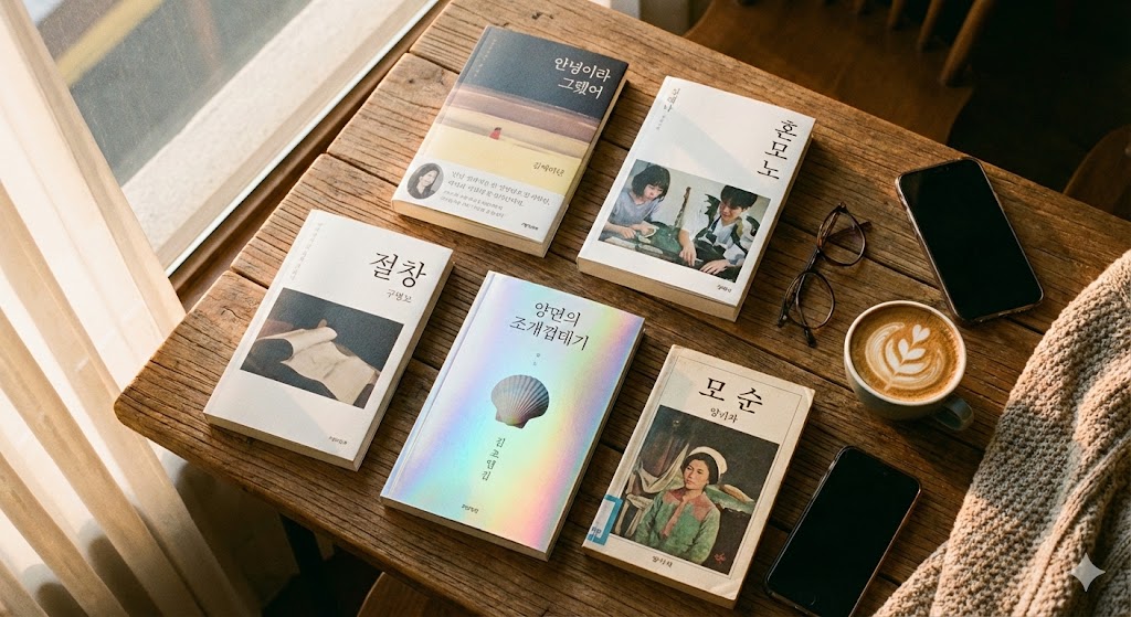 감각적인 조명 아래 놓인 5권의 책과 커피, 그리고 스마트폰이 뒤집혀 있는 설정 샷