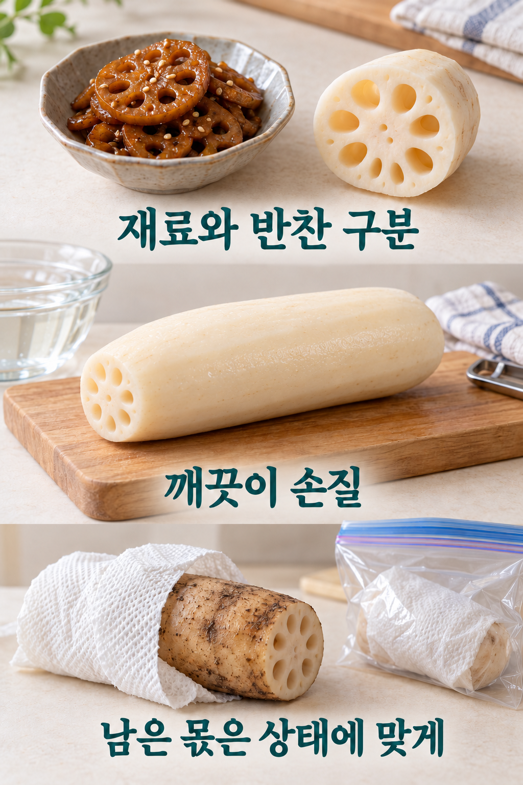 연근 반찬과 손질한 재료, 감싸 보관할 남은 연근을 함께 정리한 식탁