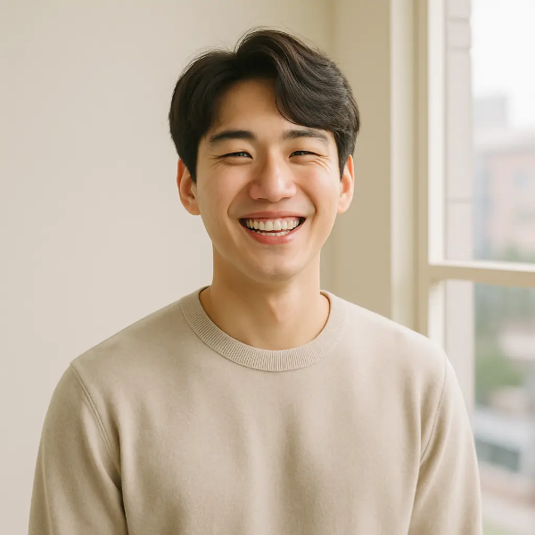 밝은 창가 앞에서 환하게 웃고 있는 베이지 니트 차림의 청년 남성의 텍스트 없는 인물 이미지