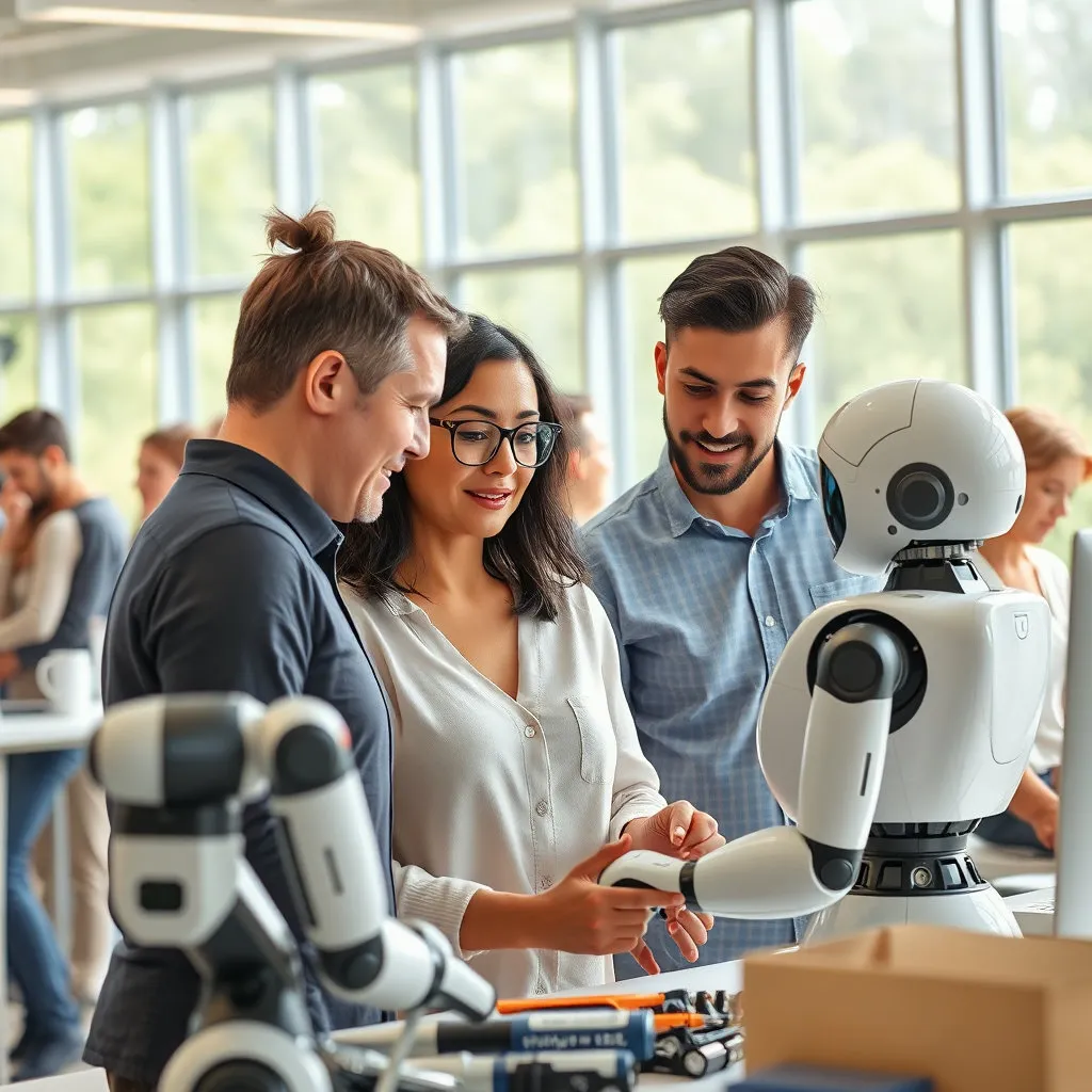 로봇과 사람이 함께 일하거나, 나이와 성별에 관계없이 다양한 사람들이 함께 일하며 서로 존중하는 밝고 미래지향적인 직장의 모습.