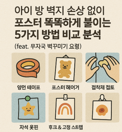 아이 방 벽지 손상 없이 포슽터 똑똑하게 붙이는 5가지 방법 비교 이미지