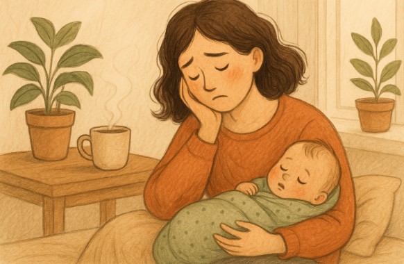 육아 스트레스를 느끼는 엄마와 잠든 아기의 정서적 순간