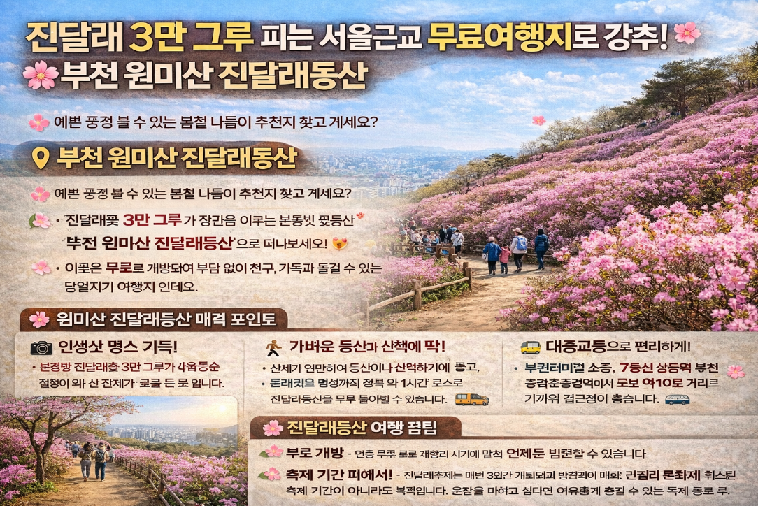 서울 근교 무료 봄꽃 명소로 소문난 부천 원미산, 진달래 3만 그루의 대장관