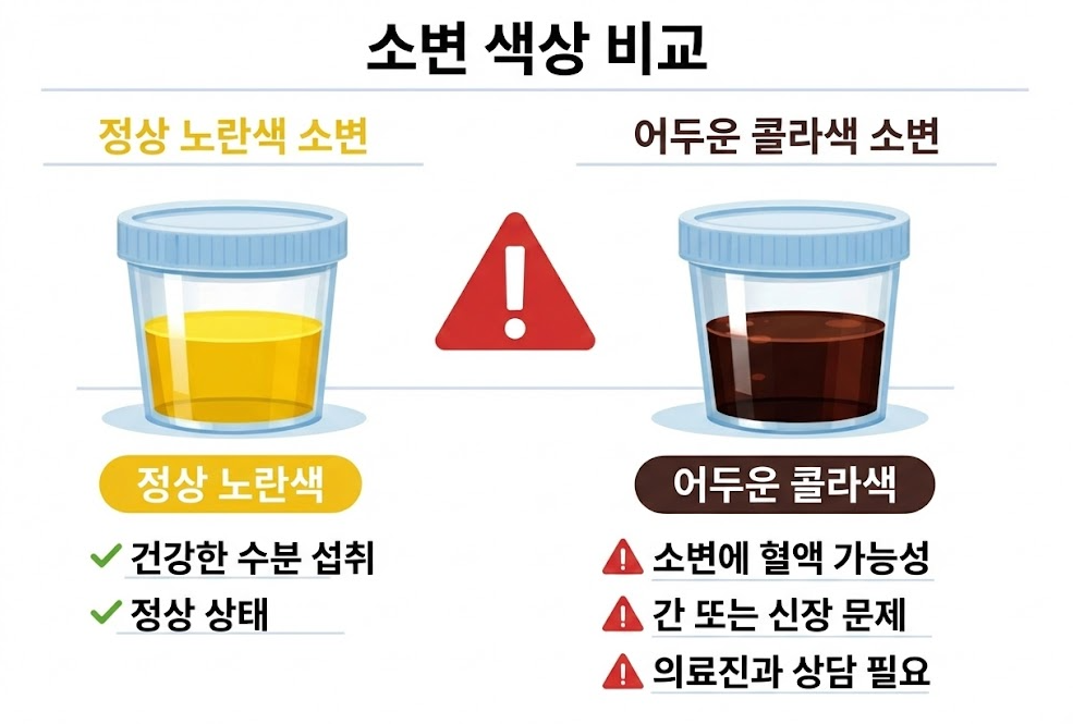 정상 노란색 소변과 간&middot;신장 이상 시 나타날 수 있는 어두운 콜라색 소변 비교