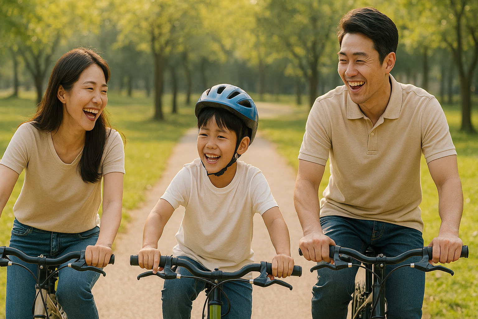 함께 자전거를 타고 있는 단란한 가정