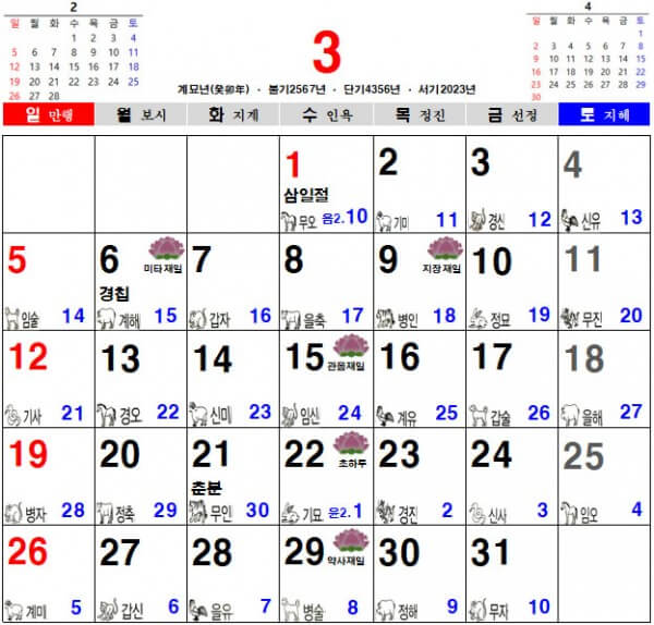 2023년 3월 음력 달력, 불교 달력, 일진 달력
