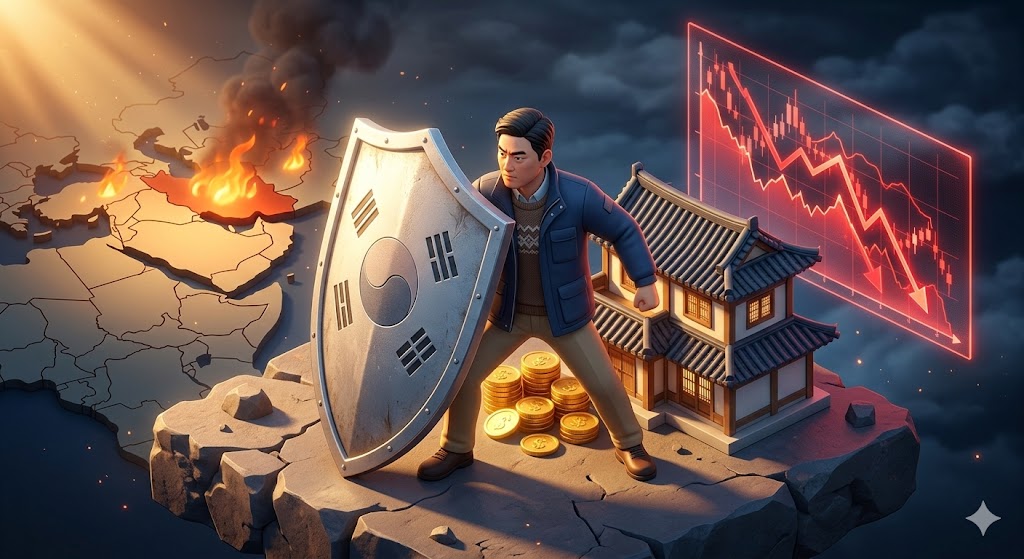 붉게 타오르는 중동 지도와 급락하는 차트 사이에서 단단한 방패를 든 아빠의 3D 일러스트