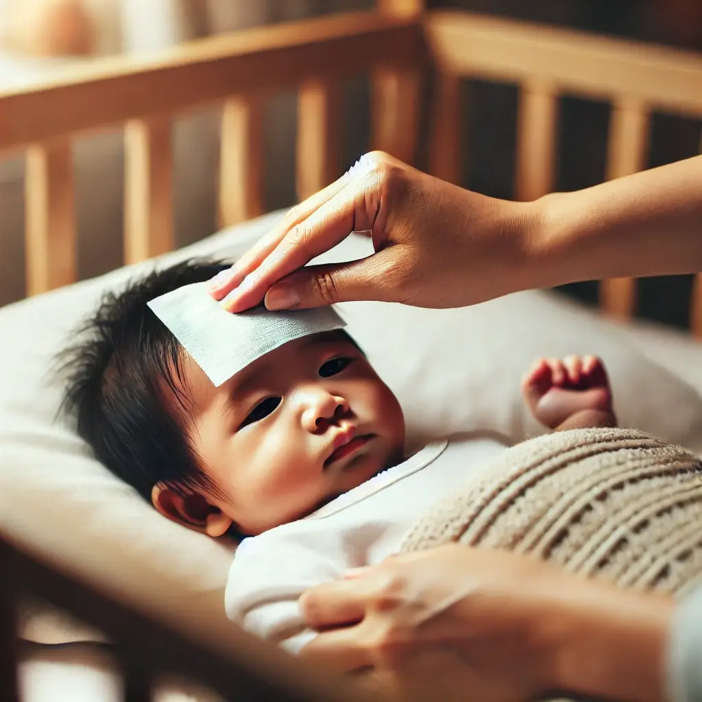 아기가 아기 침대에 누워 열이 나는 상태에서, 부모가 미온수에 적신 부드러운 면 수건으로 아기의 이마를 닦아주는 장면. 부모의 손길은 따뜻하고 다정하며, 방 안은 아늑하고 조용한 분위기로 가득 찬 모습