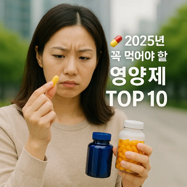 노란 영양제를 들고 진지한 표정으로 살펴보는 한국인 여성과 “2025년 꼭 먹어야 할 영양제 TOP 10” 텍스트 이미지