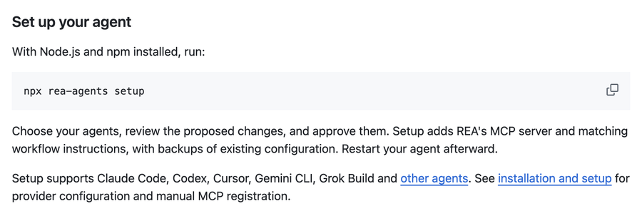 GitHub README의 Set up your agent 부분: npx rea-agents setup 명령과 에이전트를 고르고 변경을 검토해 승인한 뒤 재시작하라는 안내, 지원 에이전트 목록