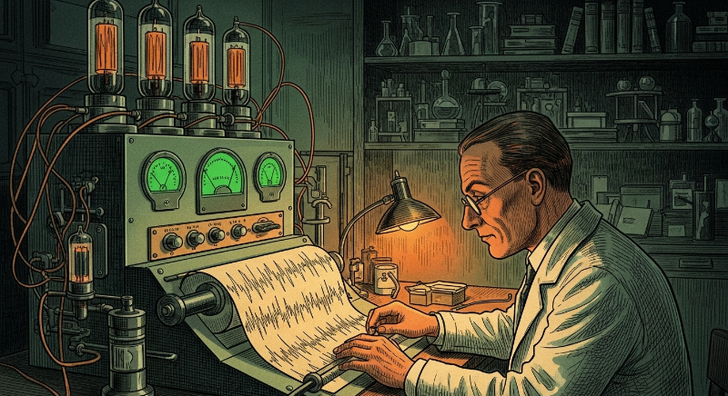 20세기 초, 한스 베르거가 뇌전도(EEG)를 발명하여 뇌파를 측정하는 모습을 그린 삽화. 과학자가 뇌파 기록지를 진지하게 보고 있는 모습입니다.