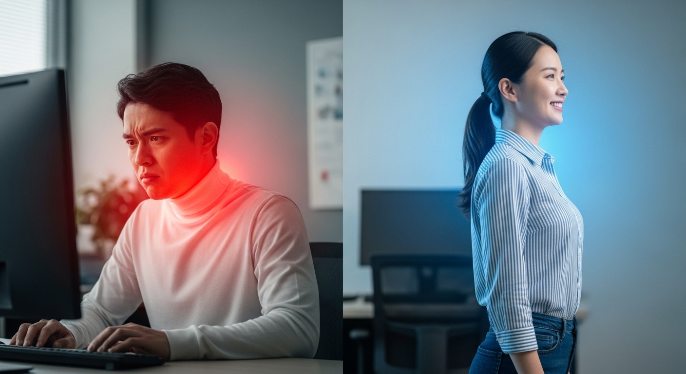 거북목으로 고통받는 모습과 교정 후 바른 자세를 찾은 모습을 비교하는 대표 이미지