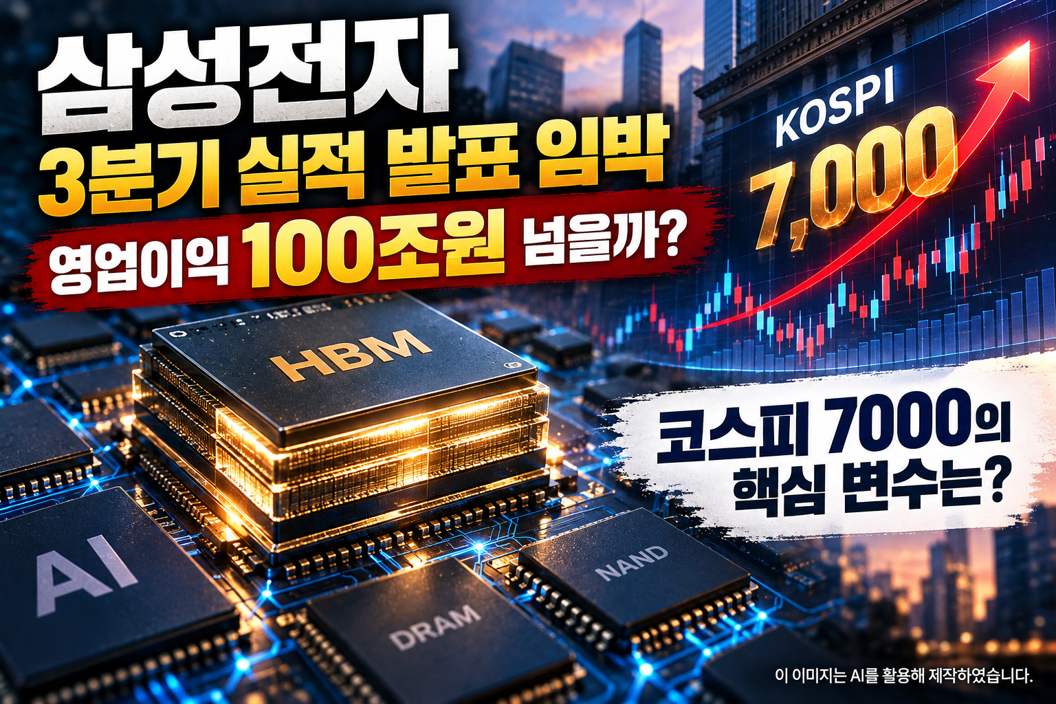 삼성전자 3분기 실적 발표와 HBM 반도체, 코스피 7000 돌파 가능성을 나타낸 이미지