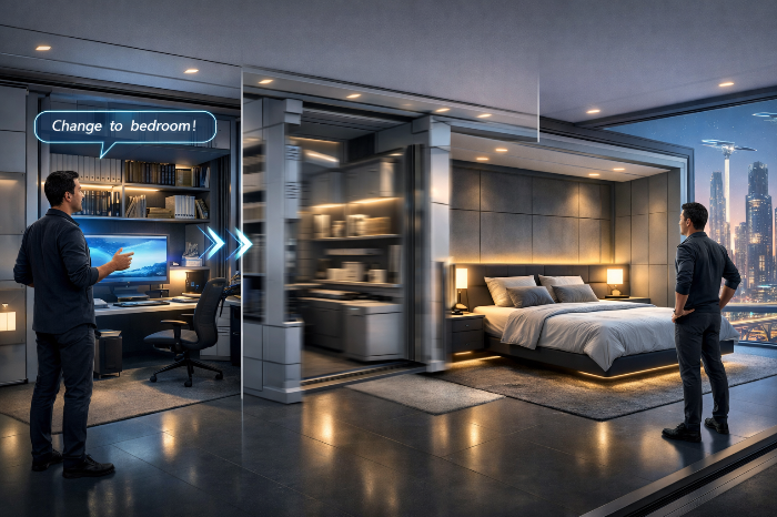 가변형 건축과 통합된 지능형 미래 모듈 주거 시스템.